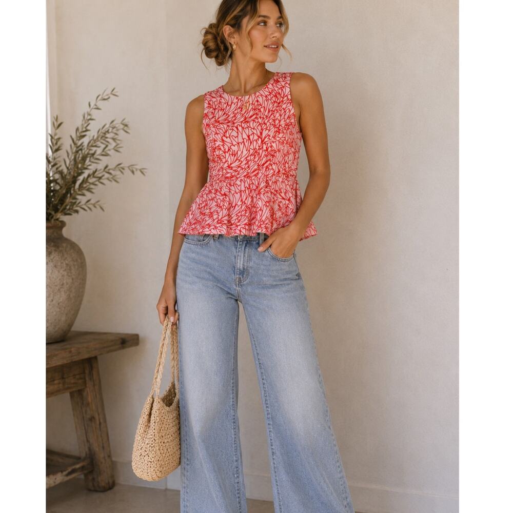 Rachel Comey Silk Pink Heart Embroidered Peplum Cropped Blouse Womens 4 Preppy